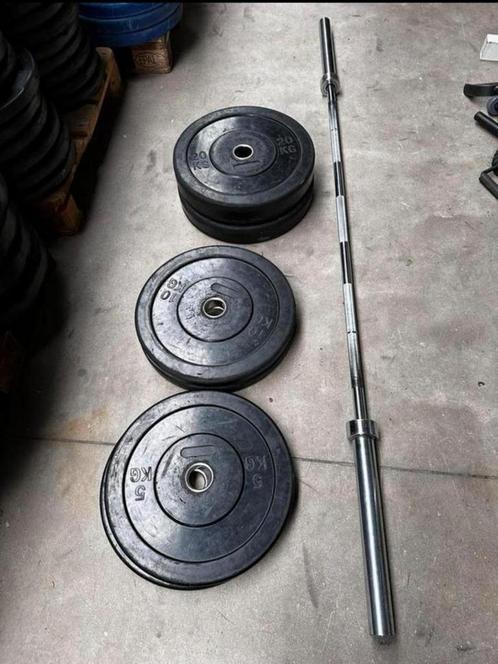 70kg Bumperplates + Olympische Barbell 220cm ,20kg, Sport en Fitness, Fitnessmaterialen, Gebruikt, Halterschijven, Ophalen