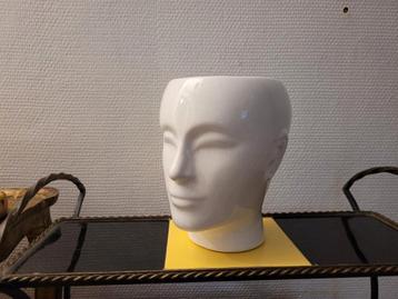 Cache-pot tête homme ceramique blanche vintage
