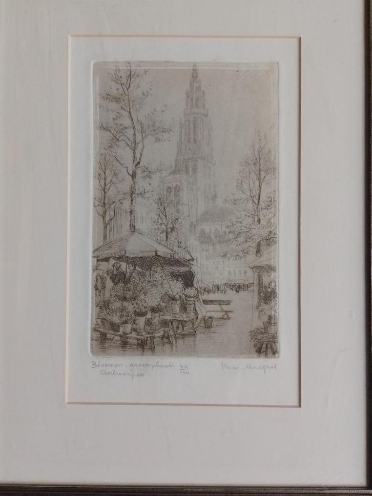 Romain Malfliet  1910 - 2006   Ets   Bloemen Groenplaats, Antiek en Kunst, Kunst | Etsen en Gravures, Verzenden