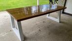 eiken tafel met witte, metalen poten en 5 cm blad, 220x 100, Huis en Inrichting, Tafels | Eettafels, Ophalen, Vierkant, 200 cm of meer