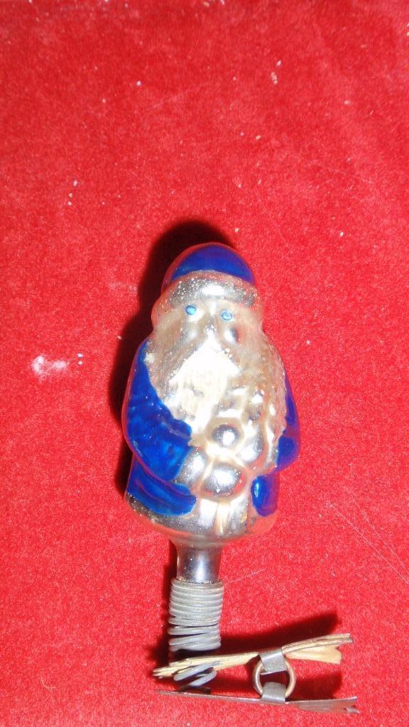Oude glazen kerstbal Ajeko blauwe kerstman op knijper, Diversen, Kerst, Gebruikt, Ophalen of Verzenden