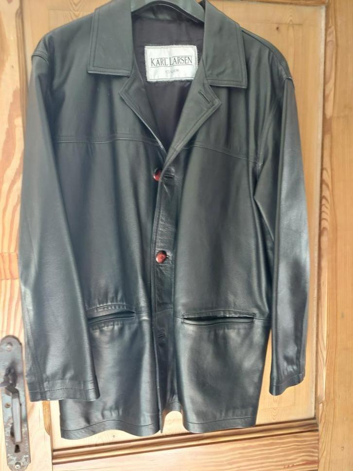 Zwart lederen jas maat 52, Kleding | Heren, Jassen | Zomer, Zo goed als nieuw, Maat 52/54 (L), Zwart, Ophalen