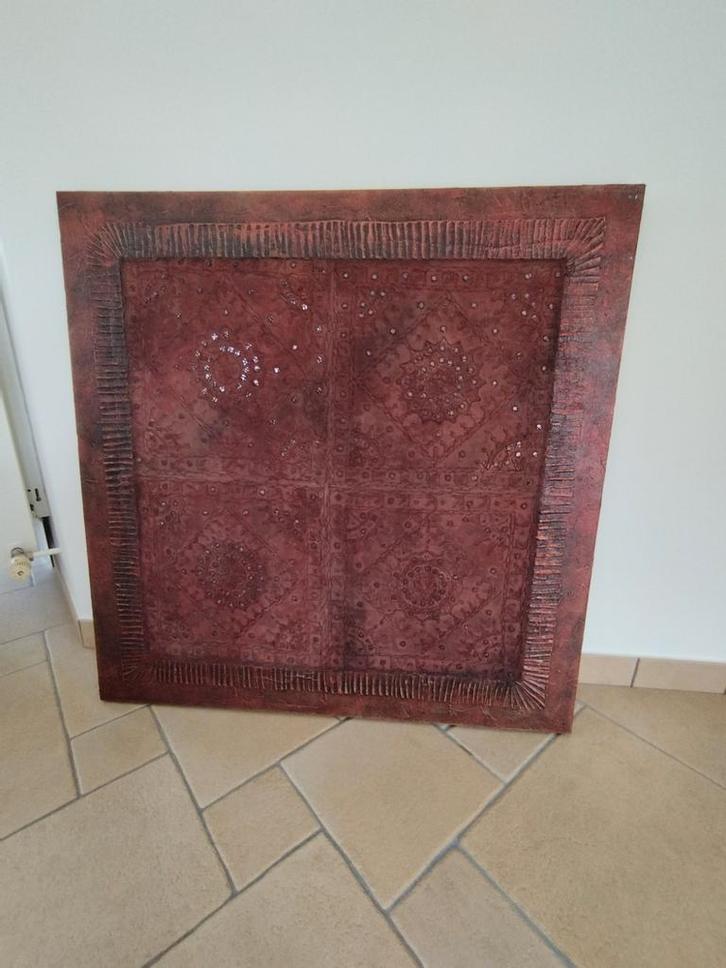 Handgemaakte Indonesische mixed media doek 100x100 cm, Huis en Inrichting, Woonaccessoires | Wanddecoraties, Ophalen
