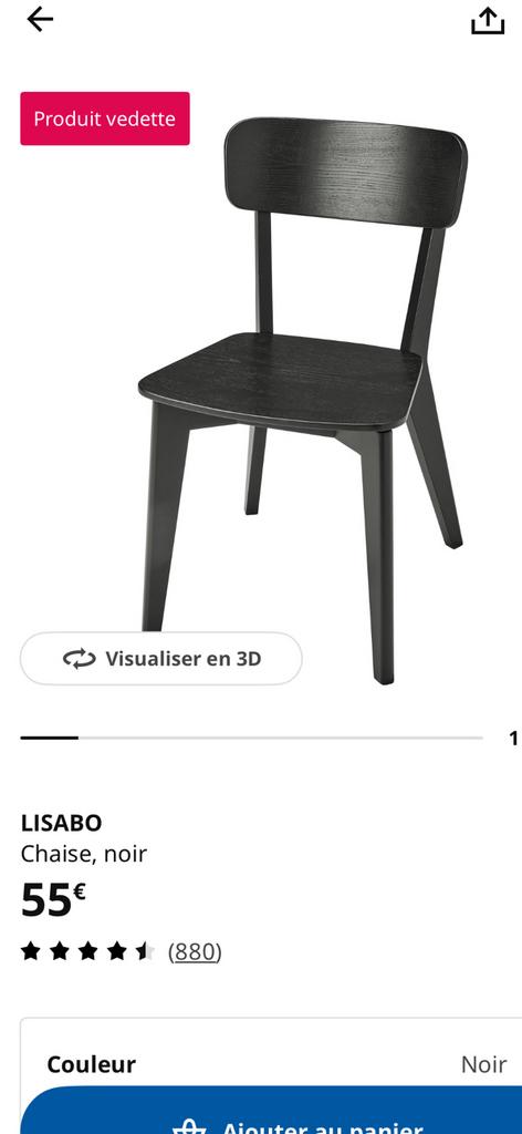 Chaise LISABO noire IKEA, Huis en Inrichting, Barkrukken, Ophalen, Zo goed als nieuw