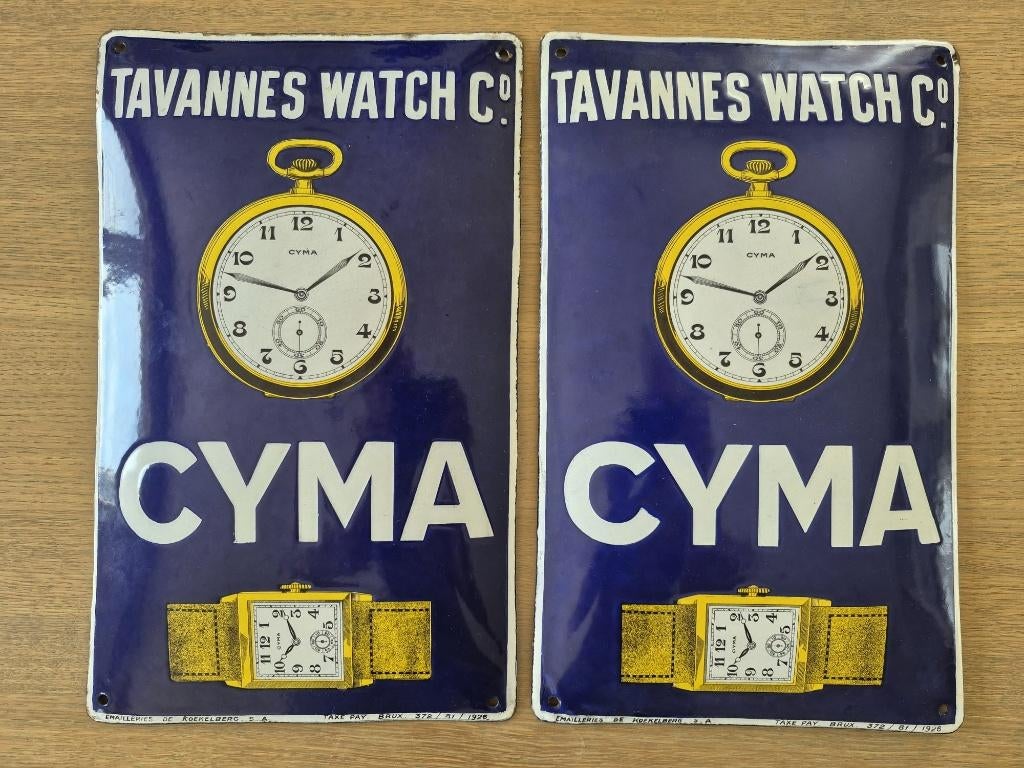 Emaille Cyma horloge bordjes, Enlèvement ou Envoi, Comme neuf, Panneau publicitaire