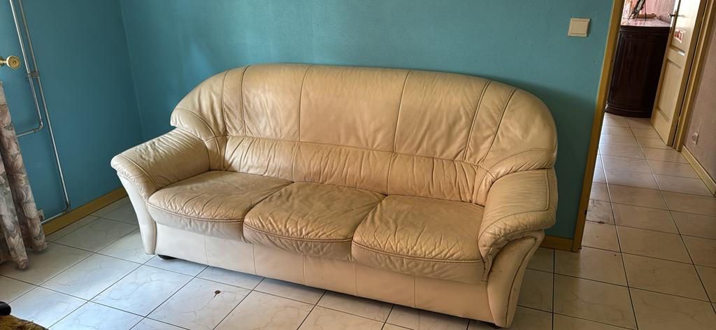 GRATIS  Boxspring en nette creme leren zetel + enkele zetel, Huis en Inrichting, Ophalen, Gebruikt, Leer