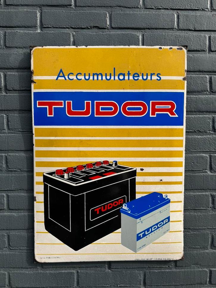 TUDOR Accus oud emaille reclamebord, Verzamelen, Merken en Reclamevoorwerpen, Gebruikt, Reclamebord, Ophalen of Verzenden