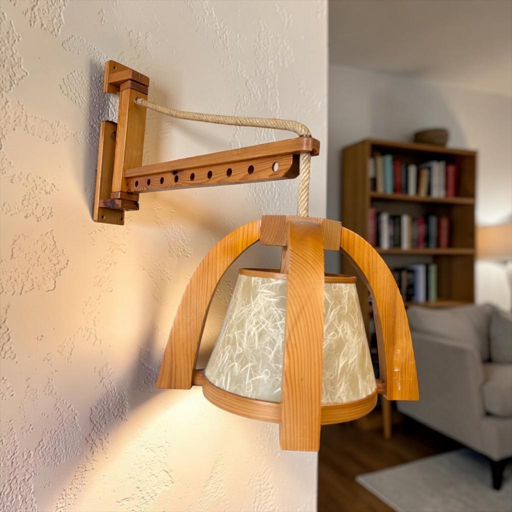 Vintage houten wandlamp / muurlamp met touw detail, Huis en Inrichting, Lampen | Wandlampen, Gebruikt, Ophalen
