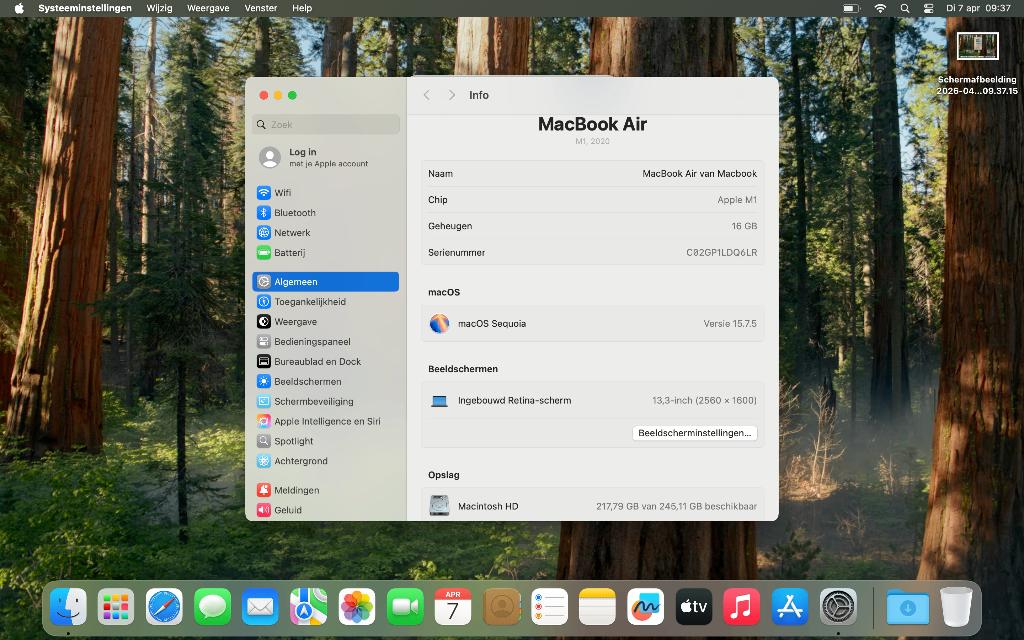 Macbook Air M1 ( 2020 ), Computers en Software, Ophalen, Azerty, 16 GB, MacBook
