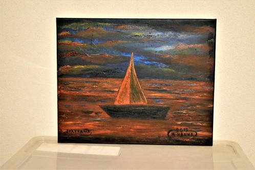 Oranje zeilboot landschapsschilderij, door Joky Kamo, Antiek en Kunst, Kunst | Schilderijen | Modern, Ophalen