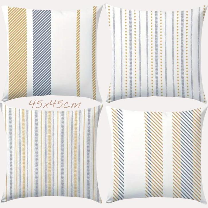 Set van 4 kussenhoezen gestreept blauw bruin 45x45cm, Huis en Inrichting, Woonaccessoires | Kussens, Nieuw, Wit, Vierkant, Verzenden