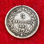 Zeldzame zilveren munt van 5 Baiocchi uit 1843, Italië, Ophalen of Verzenden, Zilver