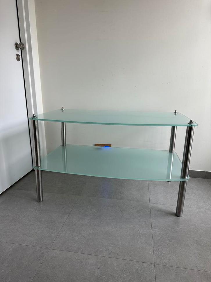 Unieke handgemaakte design tv meubel, massief inox & matglas, Huis en Inrichting, Kasten |Televisiemeubels, Zo goed als nieuw