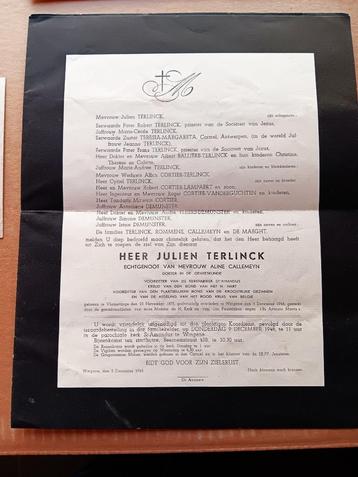 rouwbrief dokter Julien  Terlinck WINGENE 1948, Verzamelen, Ophalen