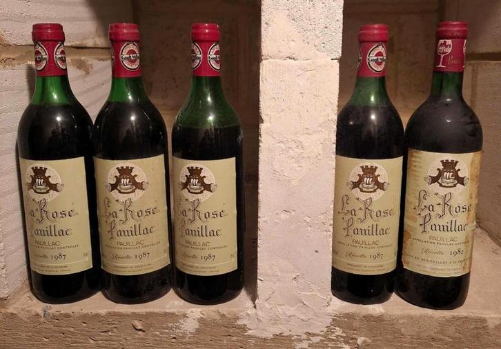 5 Bordeaux La Rose Pauillac 1987 1982, Collections, Vins, Comme neuf, Vin rouge, France, Enlèvement ou Envoi