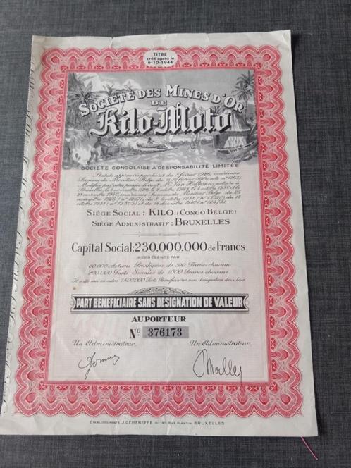 België - Sociëte des Mines D'or de Kilo Moto Congo 1944, Timbres & Monnaies, Actions & Titres, Certificat d'action, 1920 à 1950
