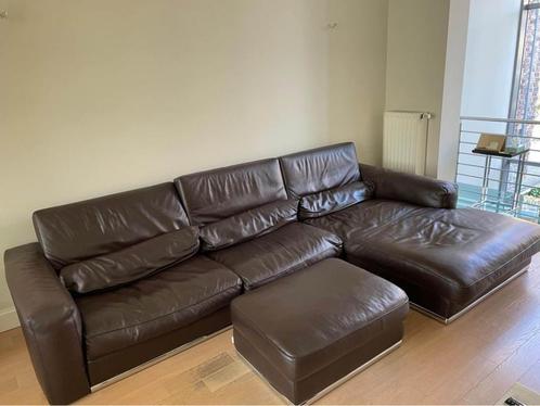 Lederen tweezit met chaise longue, Huis en Inrichting, Zetels | Zetels en Chaises Longues, Zo goed als nieuw, Vierpersoons of meer