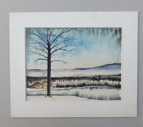 Sneeuwlandschap met boom en huisjes, Antiek en Kunst, Kunst | Schilderijen | Klassiek, Ophalen of Verzenden