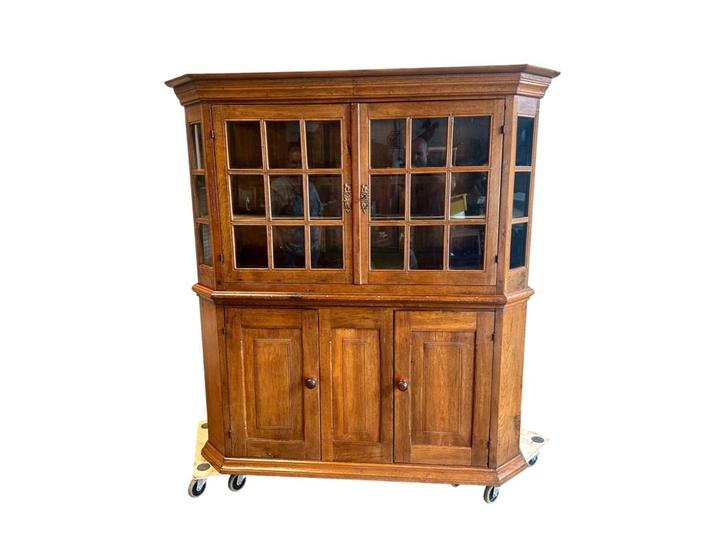 Antieke Eikenhouten Vitrinekast, Huis en Inrichting, Kasten | Buffetkasten, Gebruikt, Met deur(en), Met plank(en), Eikenhout, Glas