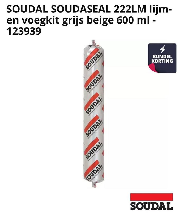 Kit adhésif et joint SOUDAL SOUDASEAL 222LM beige 600 ml, Bricolage & Construction, Isolation & Étanchéité, Neuf, Enlèvement