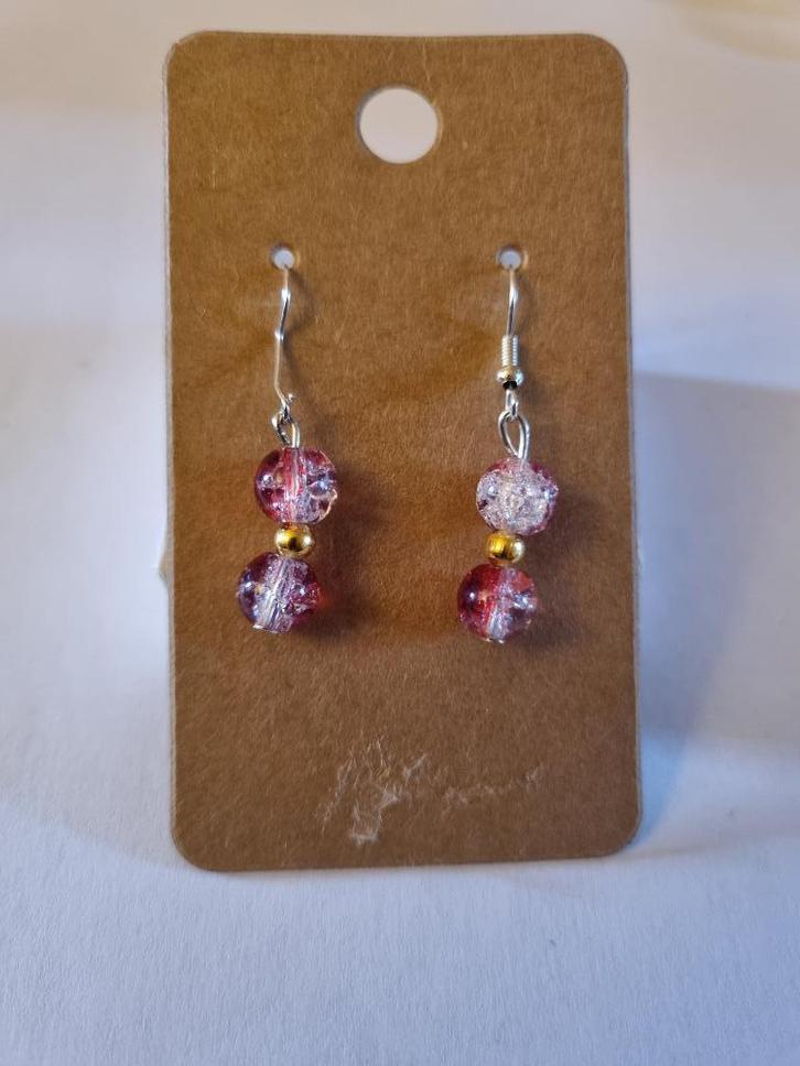 Oorbellen van gebarsten glas in rode roos en zilver, Handtassen en Accessoires, Oorbellen, Nieuw, Hangers, Glas, Rood, Ophalen of Verzenden