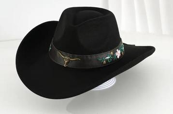 Cowboyhoed Zwart Metalen Bull kop Gebloemde Band (Nieuw)  beschikbaar voor biedingen