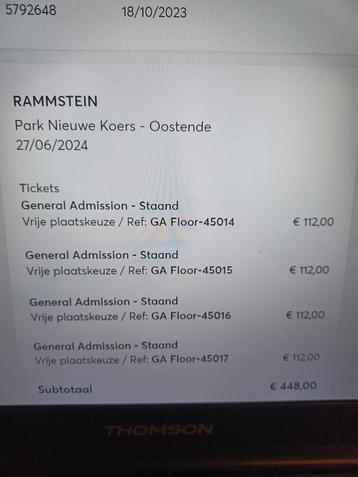 A vendre 1Ticket Rammstein 27 juni 2024