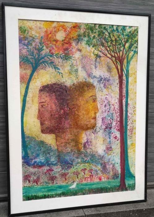 Technique mixte janus signe lise brachet, Antiek en Kunst, Kunst | Schilderijen | Klassiek, Ophalen of Verzenden