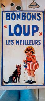 brocante reclame bord BONBONS "LOUP" - Emaille plaat, Verzamelen, Ophalen of Verzenden, Zo goed als nieuw, Reclamebord