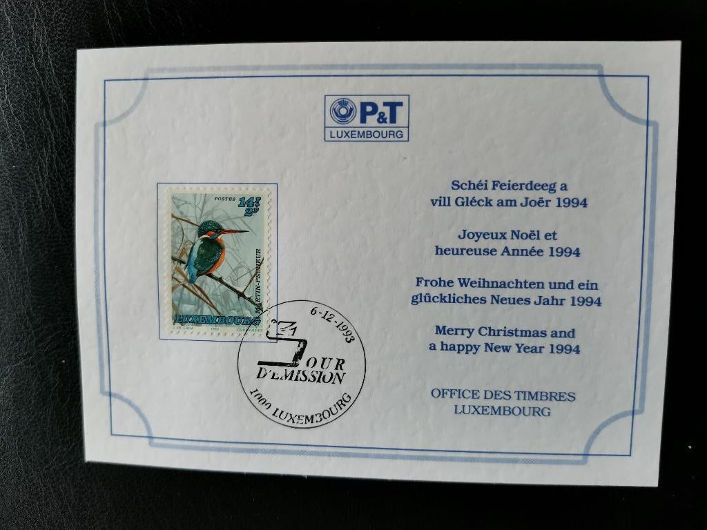 Luxembourg 1993 - FDC - Carte de Noël oiseaux martin-pêcheur, Enlèvement ou Envoi, Luxembourg, Affranchi