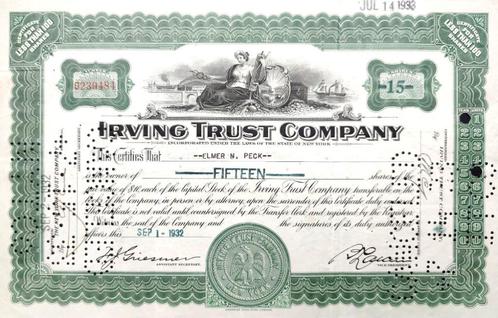 Irving Trust Company (banksector) 1932, Timbres & Monnaies, Actions & Titres, Certificat d'action, 1920 à 1950, Enlèvement ou Envoi