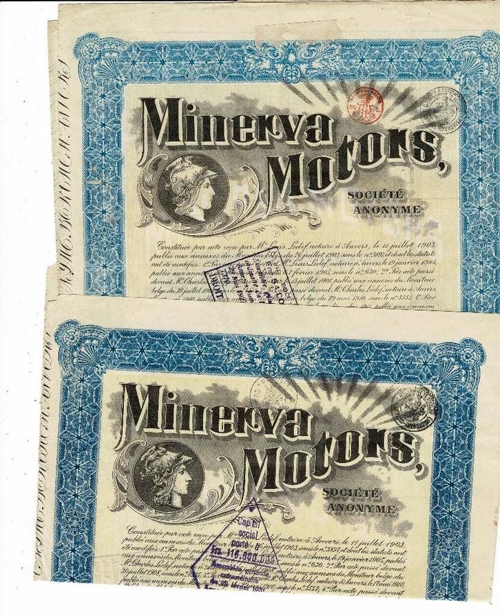 Minerva Motors - Berchem-Anvers 1924 en 1927 - Part sociale, Postzegels en Munten, Aandelen en Waardepapieren, Aandeel, 1920 tot 1950