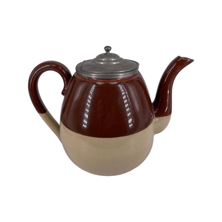 Beige en bruine herkenbare aardewerken theepot met tin, Antiek en Kunst, Antiek | Keramiek en Aardewerk, Ophalen of Verzenden