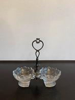 Vintage glazen zoutstel met glazen en metalen handvat, Huis en Inrichting, Ophalen of Verzenden
