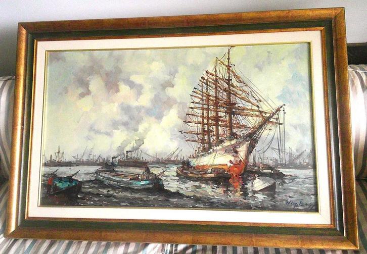 4-master in haven ca. 1960 - Wim Bos 1906-1974, Antiek en Kunst, Kunst | Schilderijen | Klassiek, Ophalen