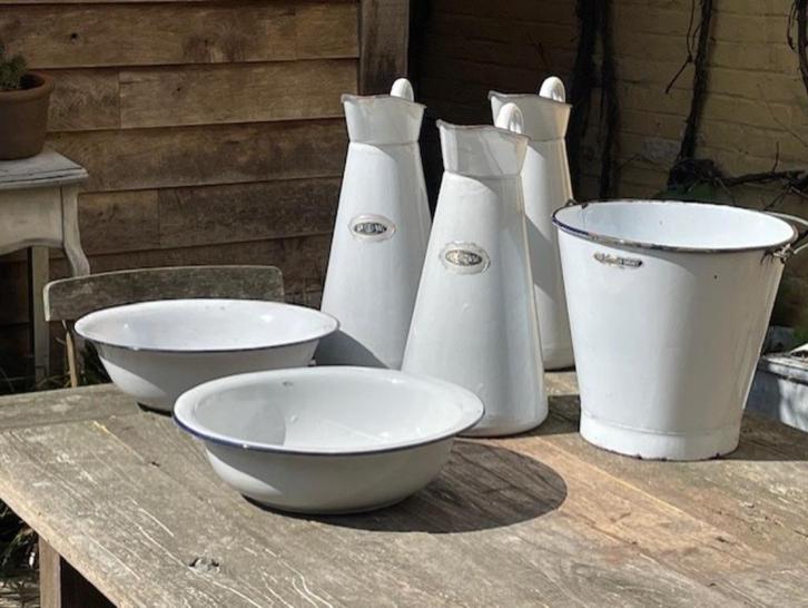 Geëmailleerde emmer, kannen en schalen, Antiek en Kunst, Curiosa en Brocante, Ophalen