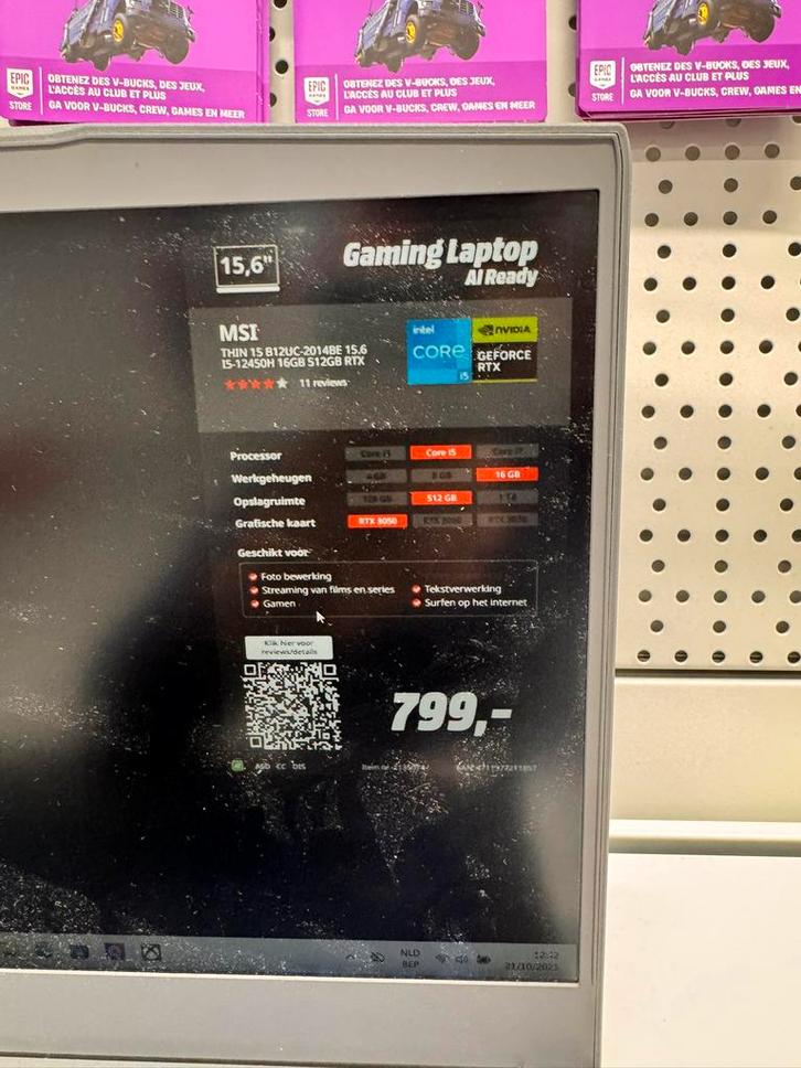 MSI thin 15.6 inch Full HD intel core i5-12450H RTX3050, Computers en Software, Windows Laptops, Zo goed als nieuw, Ophalen