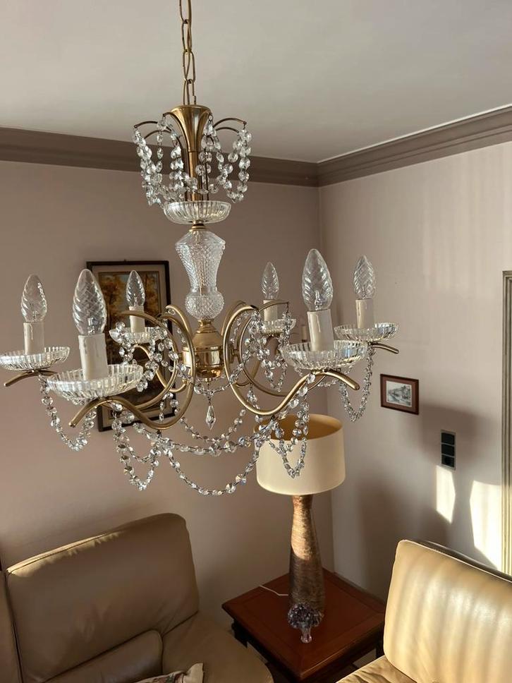Klassieke messing luster met kristallen details, Huis en Inrichting, Lampen | Kroonluchters, Gebruikt, Ophalen