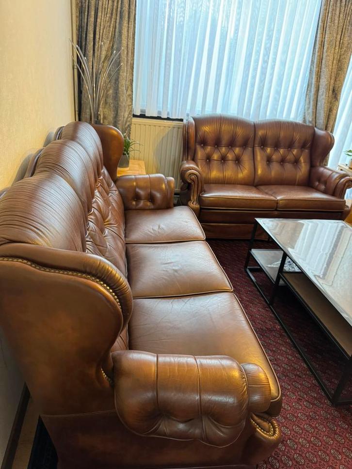 Prachtige set lederen salon (2- en 3-zit), Antiek en Kunst, Antiek | Meubels | Stoelen en Sofa's, Ophalen