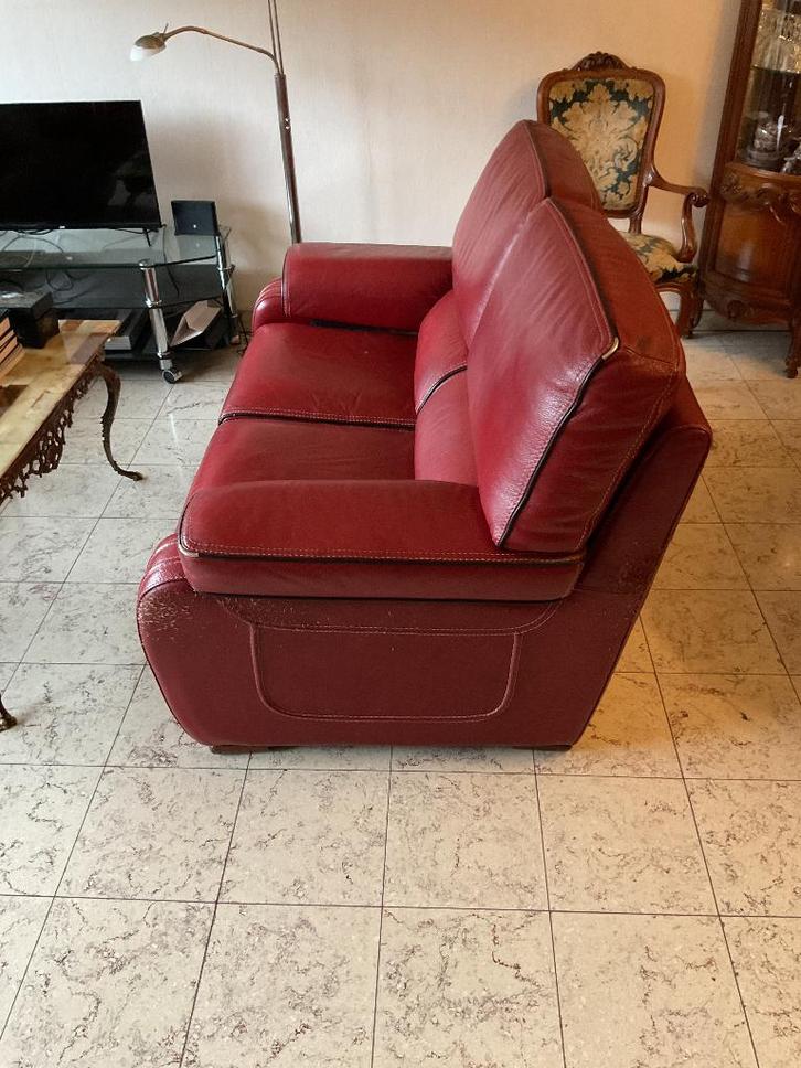 Salon en cuir rouge (3pl + 2pl + 1pl), Huis en Inrichting, Zetels | Zetels, Gebruikt, Rechte bank, Overige maten, 200 tot 250 cm