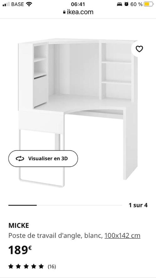 Micke IKEA bureau d’angle blanc, Maison & Meubles, Bureaux, Utilisé, Bureau, Enlèvement
