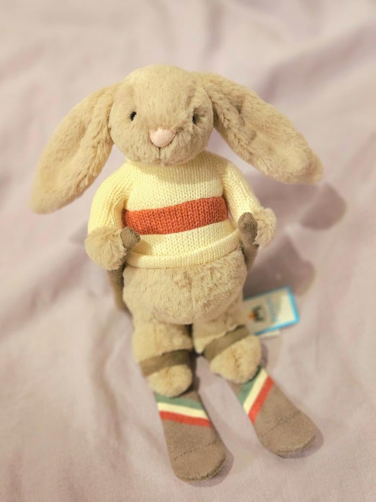 Jellycat Bashful Bunny skioutfit met gouden medaille BNWT, Jellycat, Overige karakters, Ophalen of Verzenden, Klein (minder dan 20 cm)