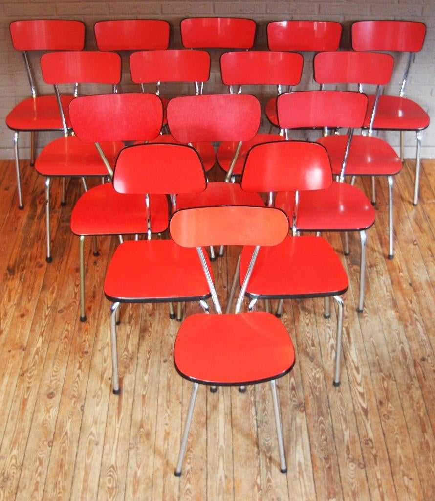 Formica Stoelen / Rood, Bruin en Lichtgrijs, Maison & Meubles, Chaises, Comme neuf, Bois, Synthétique, Métal, Rouge, Enlèvement