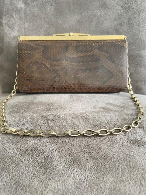 Luxe Vintage Clutch | Echt Slangenleer & Bruin Leder, Ophalen, Bruin, Avondtasje