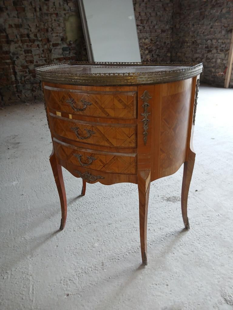 Meuble 3 tiroirs, Marqueterie ancienne, Maison & Meubles, 70 cm ou plus, 45 à 65 cm, Enlèvement, Utilisé