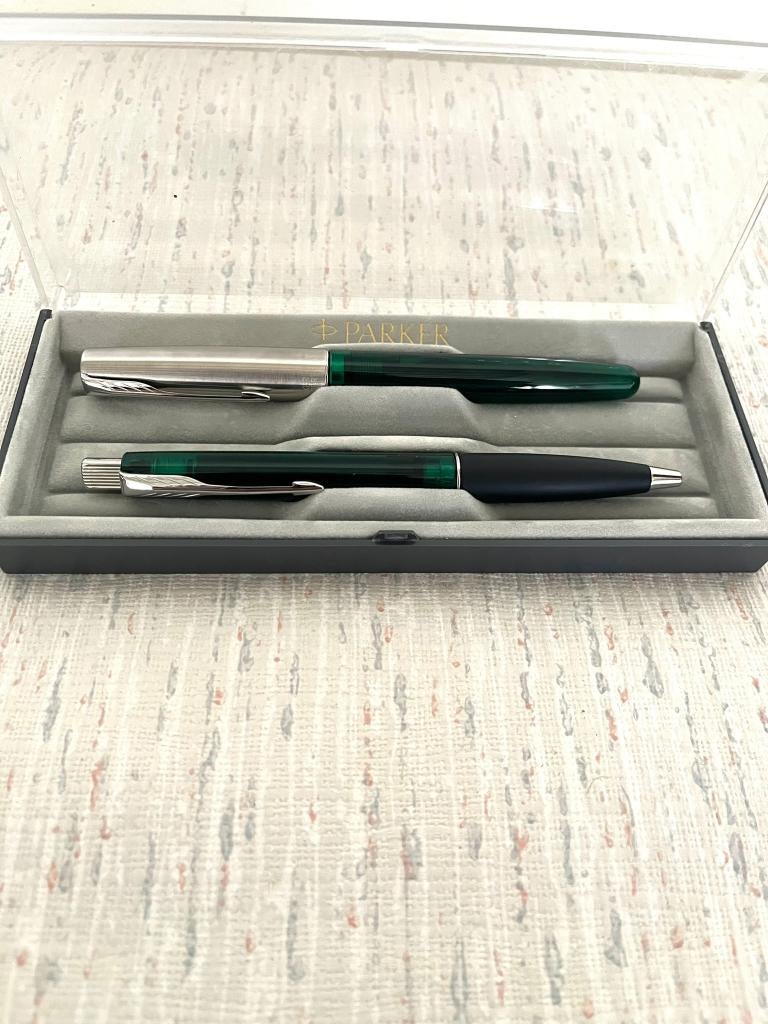 retro transparant groene parker pen + balpen nieuw, Pennenset, Nieuw, Met doosje, Parker
