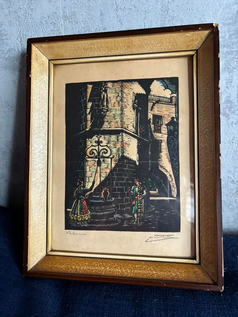 Valencia” in lijst – Spaanse stads scène, Antiek en Kunst, Kunst | Etsen en Gravures, Ophalen, Ingelijst