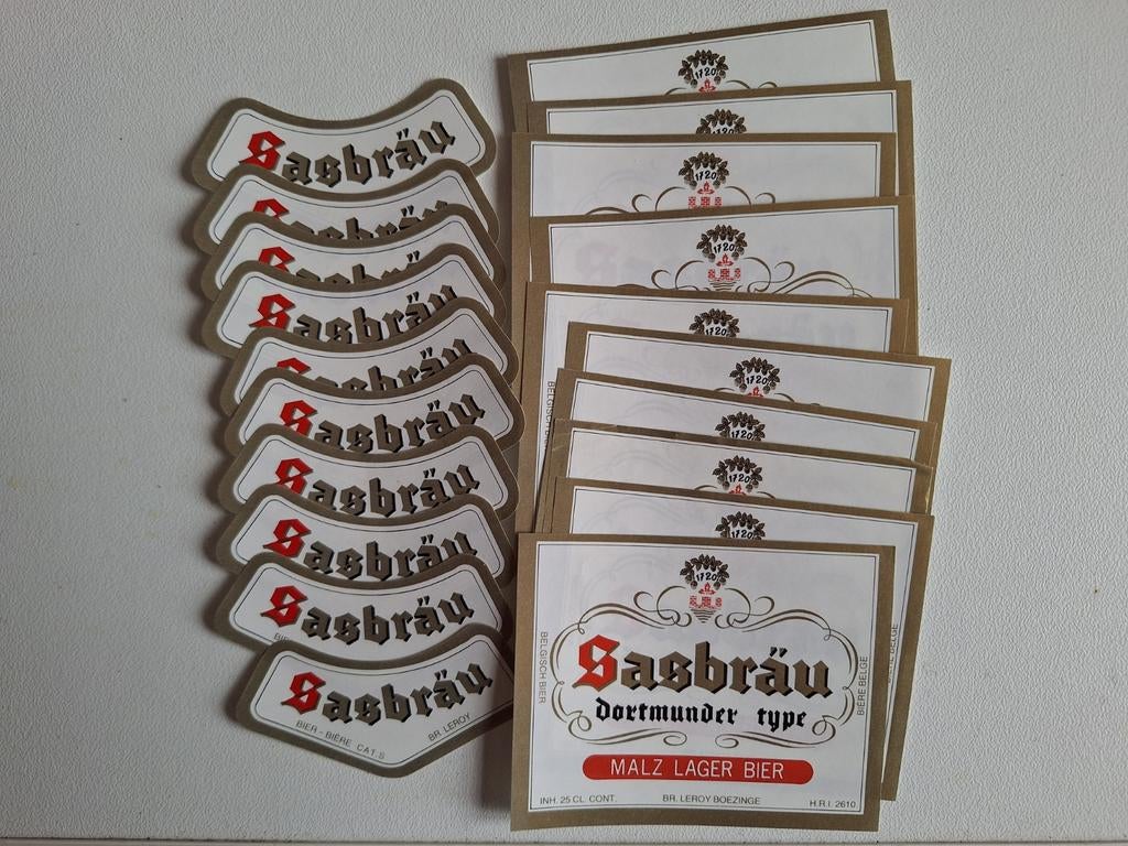 20x bieretiketten Sasbrau bier brouwerij Leroy Boezinge, Ophalen of Verzenden