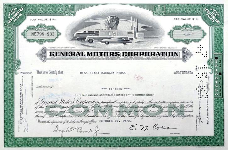 GENERAL MOTORS 1970, Postzegels en Munten, Aandelen en Waardepapieren, Certificaat van aandeel, 1950 tot 1970, Ophalen of Verzenden