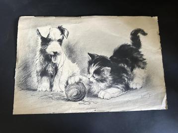 Alfred Renaudin Drawing fox terrier and Kitten, Envoi